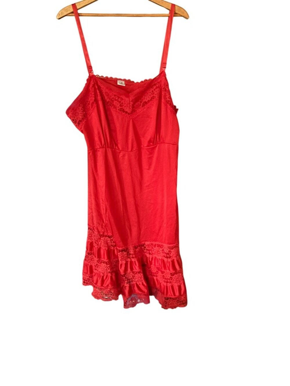 Red Lace-Trimmed Nylon Nightgown With Adjustable Straps Size 48